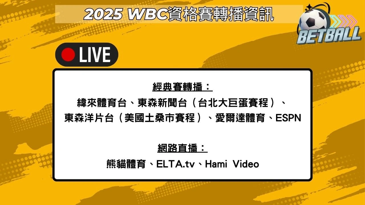 2026 WBC 提供電視轉播的頻道有 ESPN、東森電視、緯來體育台、愛爾達體育 2 台，網路直播平台有熊貓體育、ELTA.tv、Hami Video 。